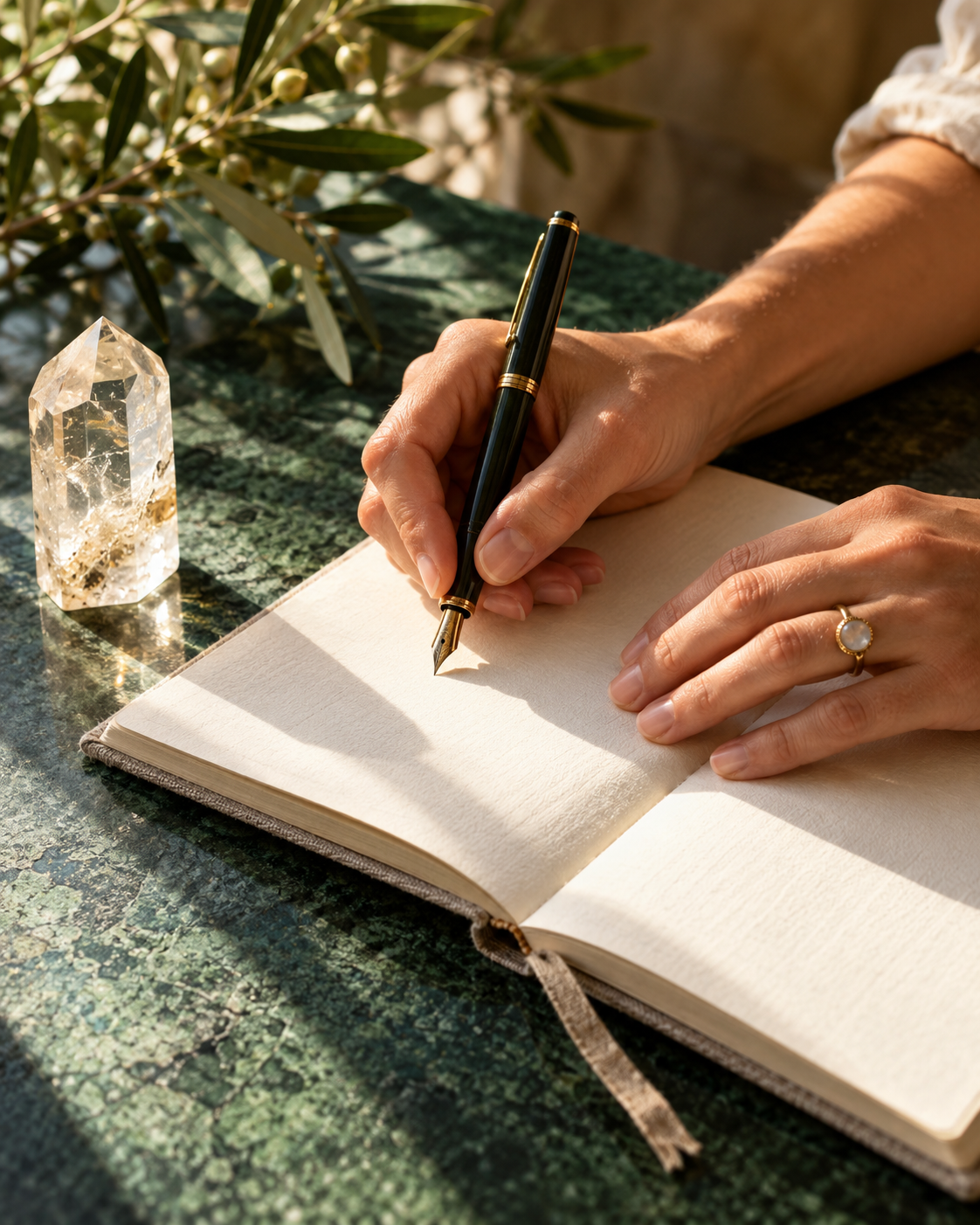 Manos escribiendo en un cuaderno junto a un cuarzo sobre una superficie verde